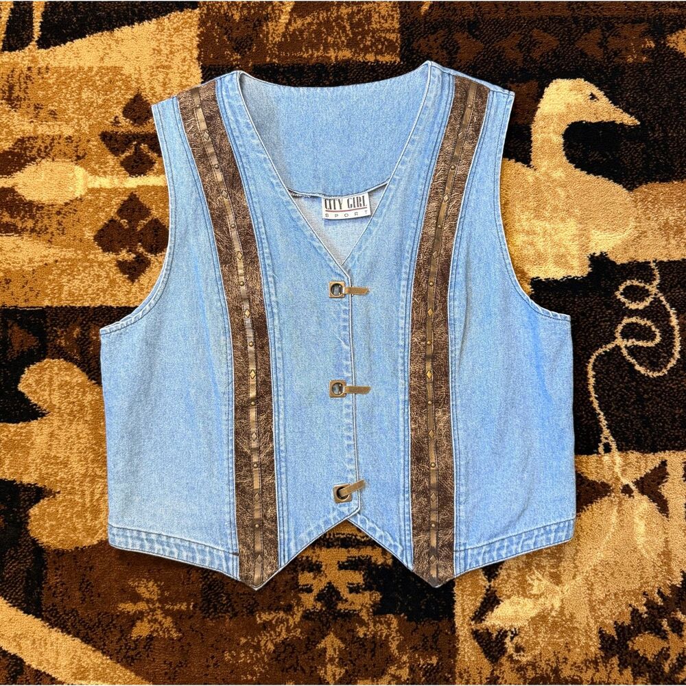Vintage City Girl Denim Vest Brown Leather Accents Hook Closure XL Western Boho